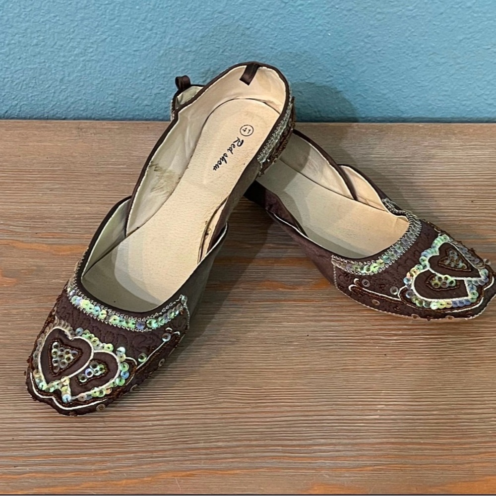 Red Show Brown satin and clear iridescent sequin ballet flats 41 (10.5M)